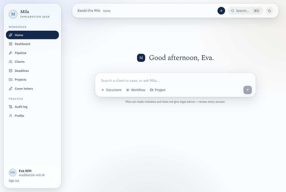 Mila home — ask about your cases or jump straight to one