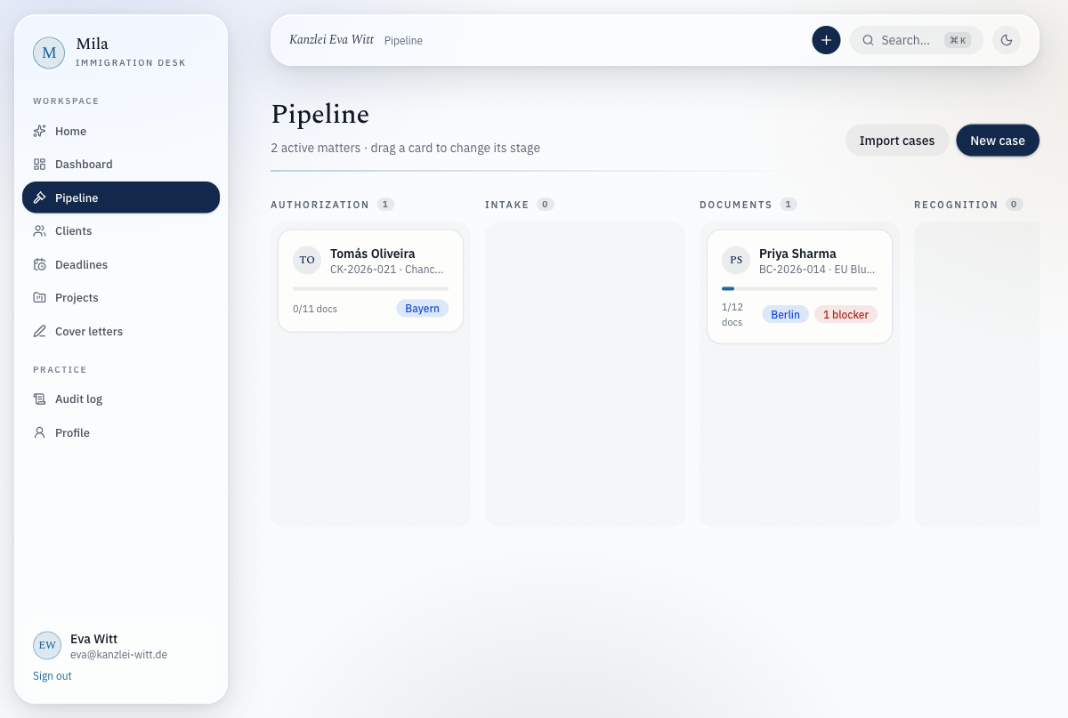 Case pipeline — drag cases across stages